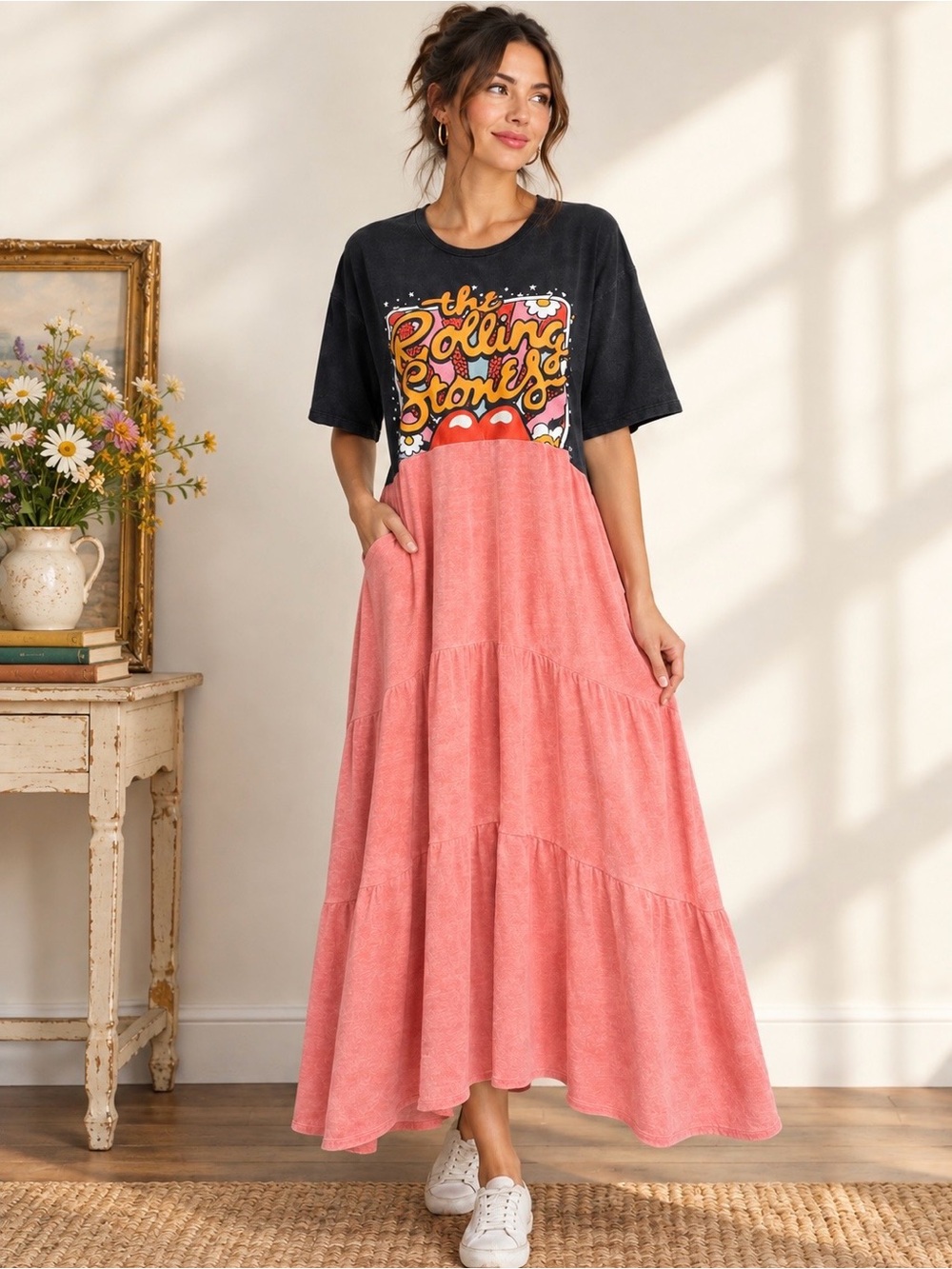 Rolling Stones Upcycled T Shirt Dress Handmade Boho Maxi Pink Ruffle Graphic XXL